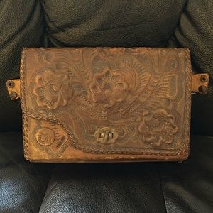70’s Hand Stitched Leather Handbag Vintage Hippie Hand-stamped Purse w/ Flowers
